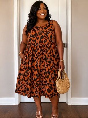 SHEIN Orange and Black Leopard Print Midi Dress